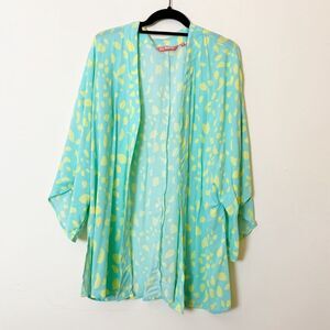 All Worthy Aqua Yellow Kimono Cardigan, Size XS Abstract Polka Dot Print